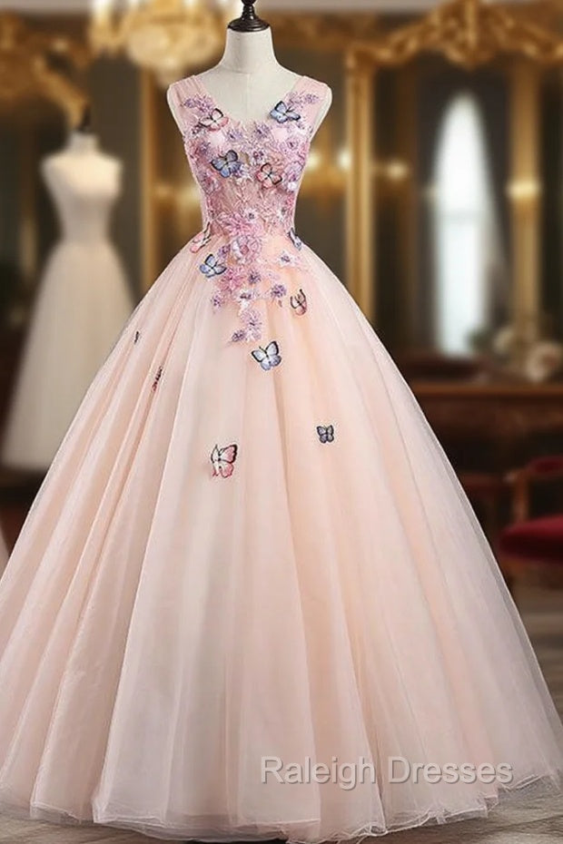 Charming Pink Flowers Ball Gown Long Sweet 16 Dress, Pink Prom Dress
