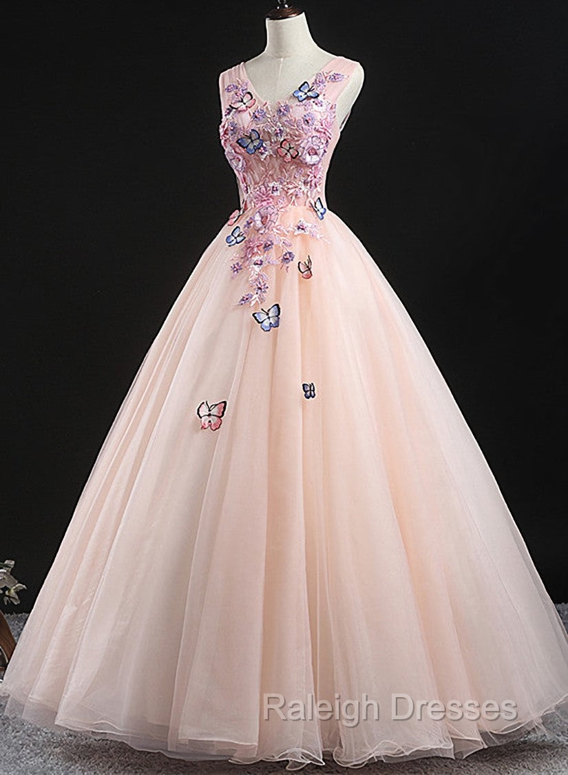 Charming Pink Flowers Ball Gowns Long Sweet 16 Dress, Pink Prom Dress