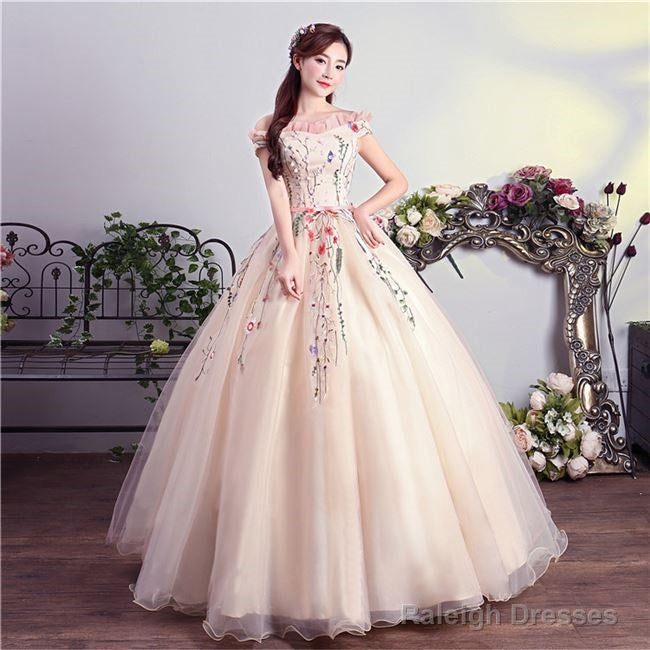 Charming Pink Off Shoulder Ball Gown Formal Dress, Lace Applique Party Dress