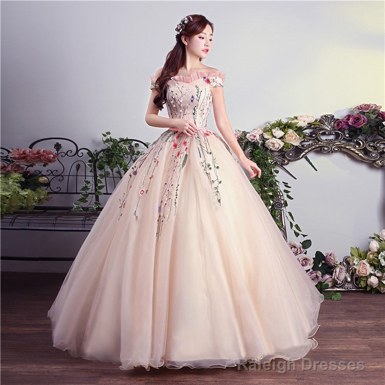 Charming Pink Off Shoulder Ball Gowns Prom Dresses Lace Applique Prom Dresses