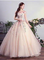 Charming Pink Off Shoulder Ball Gown Formal Dress, Lace Applique Party Dress