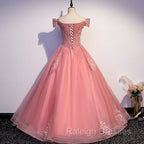 Charming Pink Off Shoulder Lace Applique Sweetheart Prom Dress, Pink Prom Dress