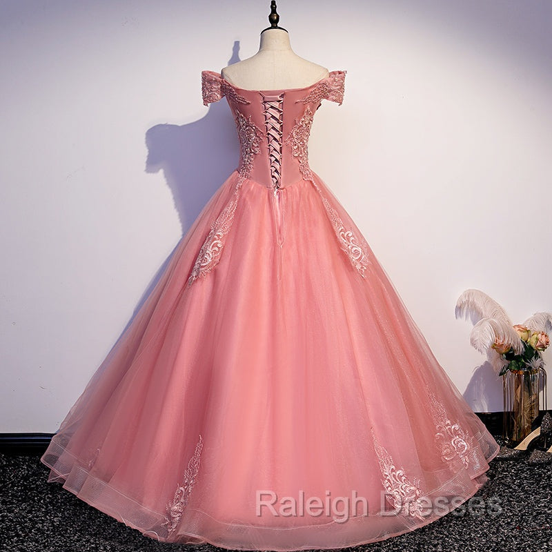Charming Pink Off Shoulder Lace Applique Sweetheart Prom Dress, Pink Prom Dress