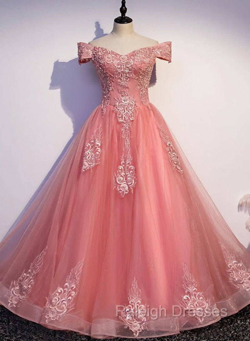 Charming Pink Off Shoulder Lace Applique Sweetheart Prom Dress, Pink Prom Dress Main image