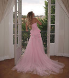 Charming Pink Strapless High Slit Flower Prom Dresses