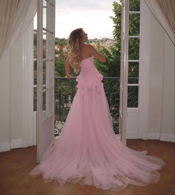 Charming Pink Strapless High Slit Flower Prom Dresses