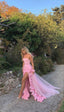 Charming Pink Strapless High Slit Flower Prom Dresses