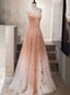 Charming Pink Tulle Straps Long Beaded Evening Gown, Straps Long Party Dress
