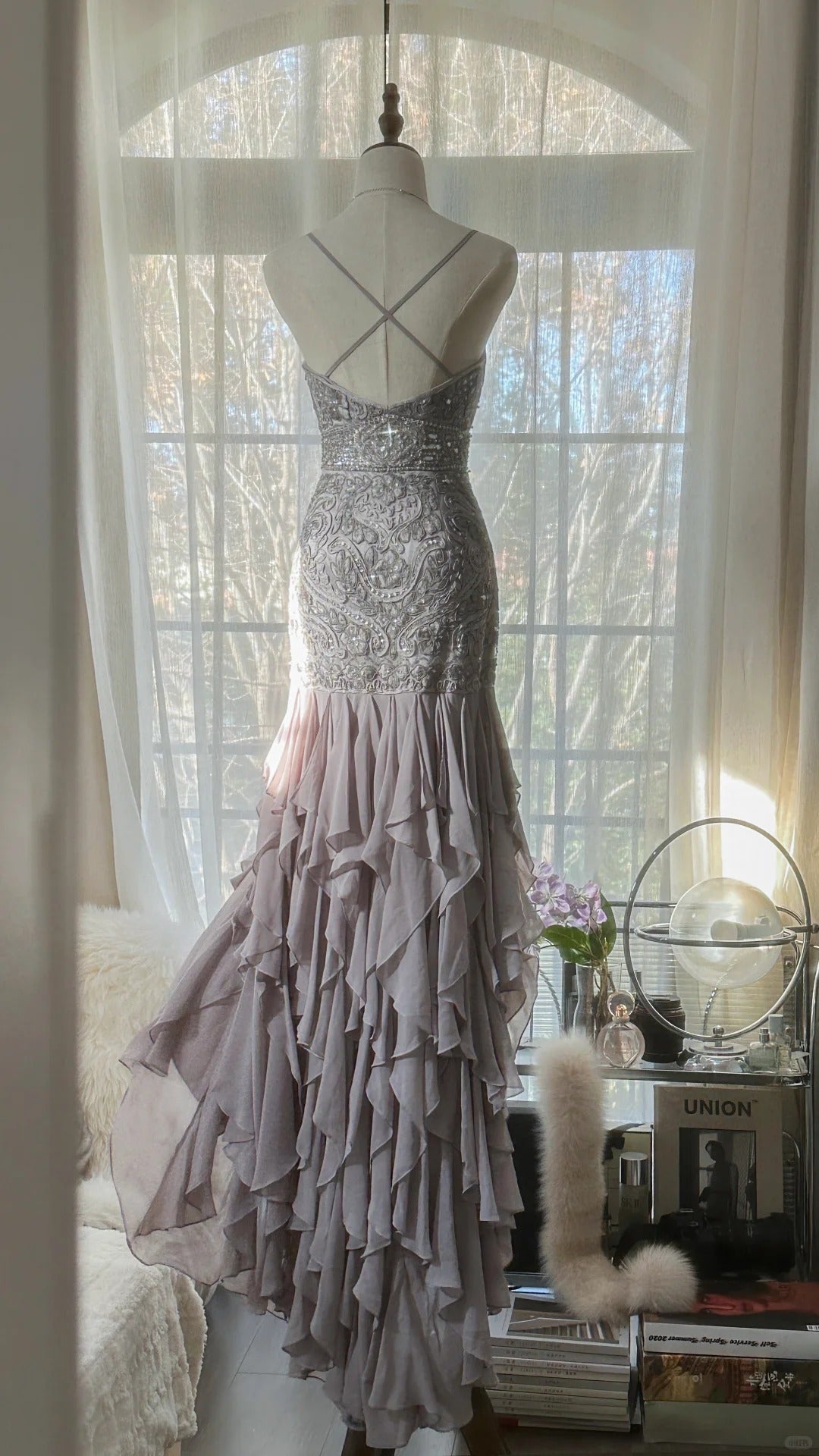 Charming Purple Beaded Short Front And Long Back Ruffled Chiffon Skirt Prom Dress Secondary image