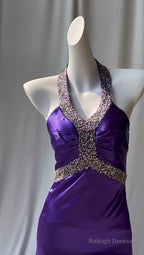 Charming Purple Halter Satin Sheath Beaded Sequins Backless Prom Dress Temperament Evening Dress