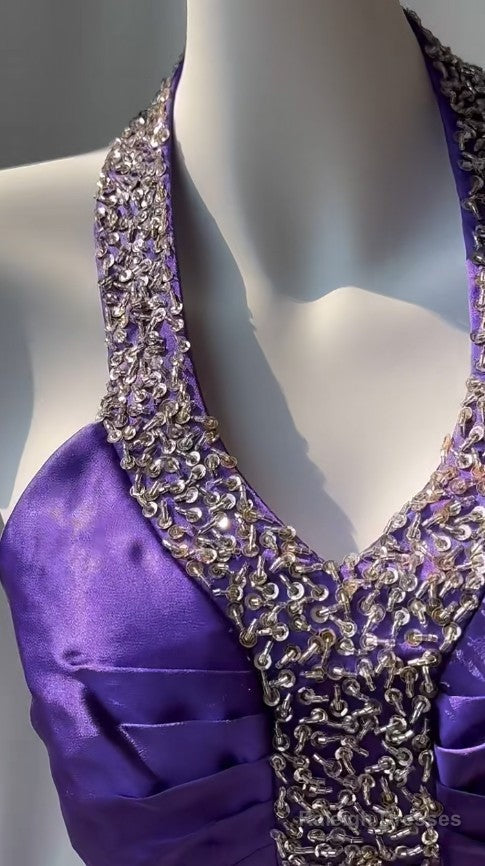 Charming Purple Halter Satin Sheath Beaded Sequins Backless Prom Dress Temperament Evening Dress
