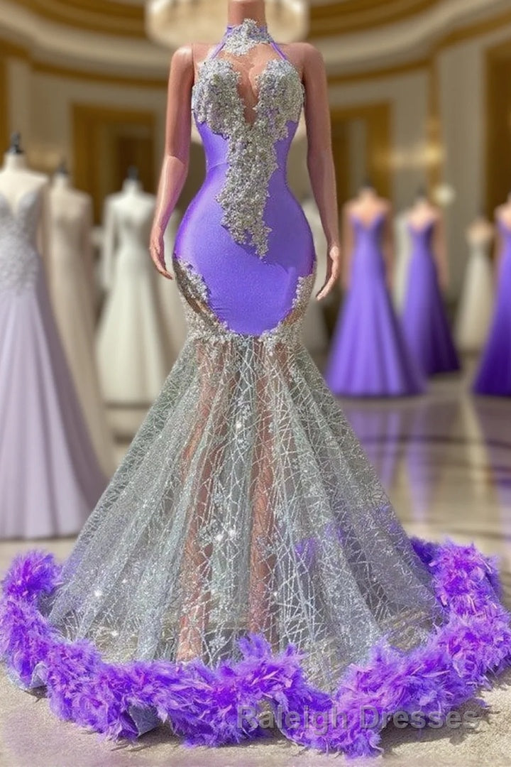 Charming Purple Long Mermaid Halter Satin Tulle Prom Dresses Main image