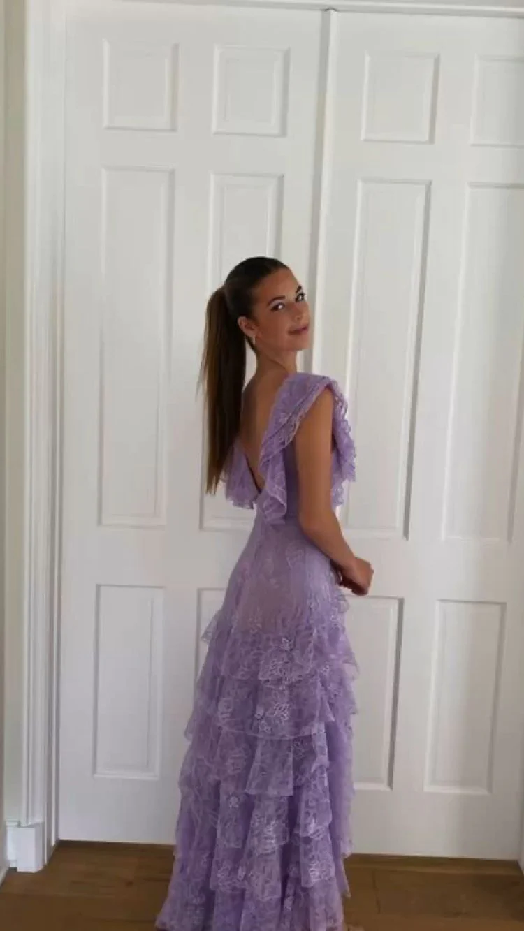 Lilac Prom Dresses Long Layed Lace Prom Dresses