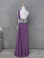 Charming Purple One-Shoulder Square Neck Rhinestone Beaded Chiffon Long Formal Prom Dress
