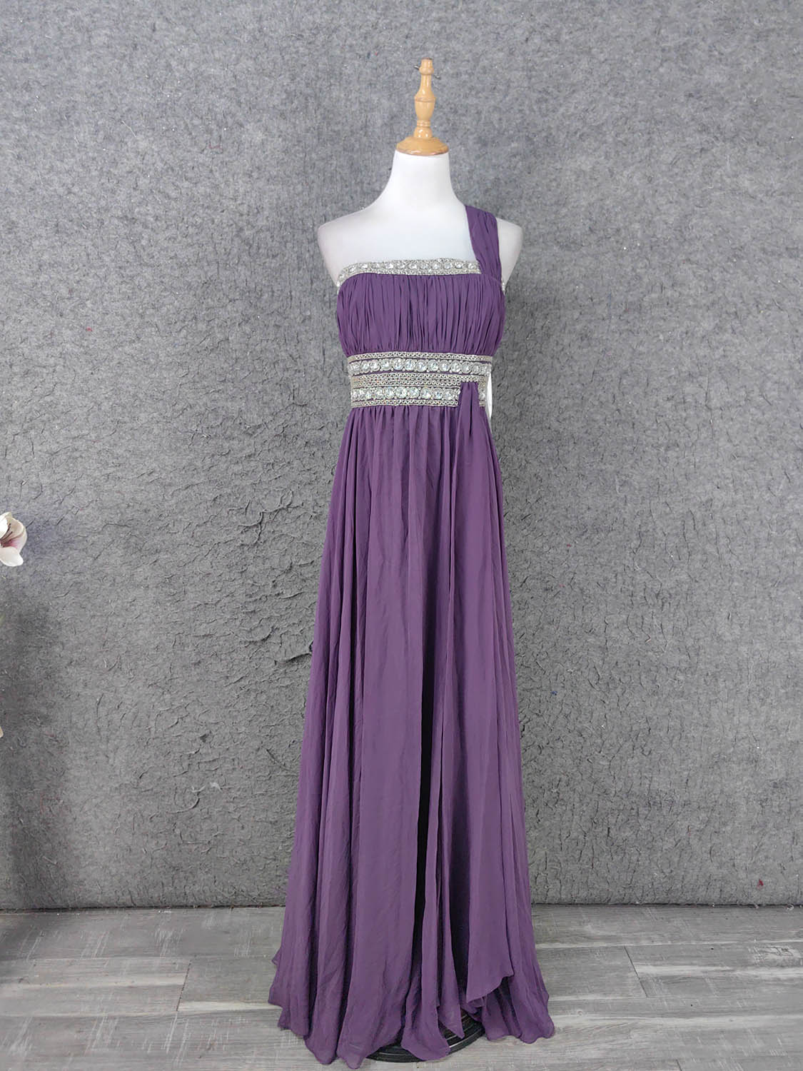 Charming Purple One-Shoulder Square Neck Rhinestone Beaded Chiffon Long Formal Prom Dress Main image
