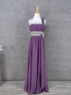 Charming Purple One-Shoulder Square Neck Rhinestone Beaded Chiffon Long Formal Prom Dress