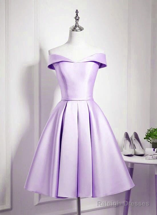 Charming Purple Satin Knee Length Homecoming Dress, Off Shoulder Bridesmaid Dress