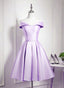 Charming Purple Satin Knee Length Homecoming Dress, Off Shoulder Bridesmaid Dress