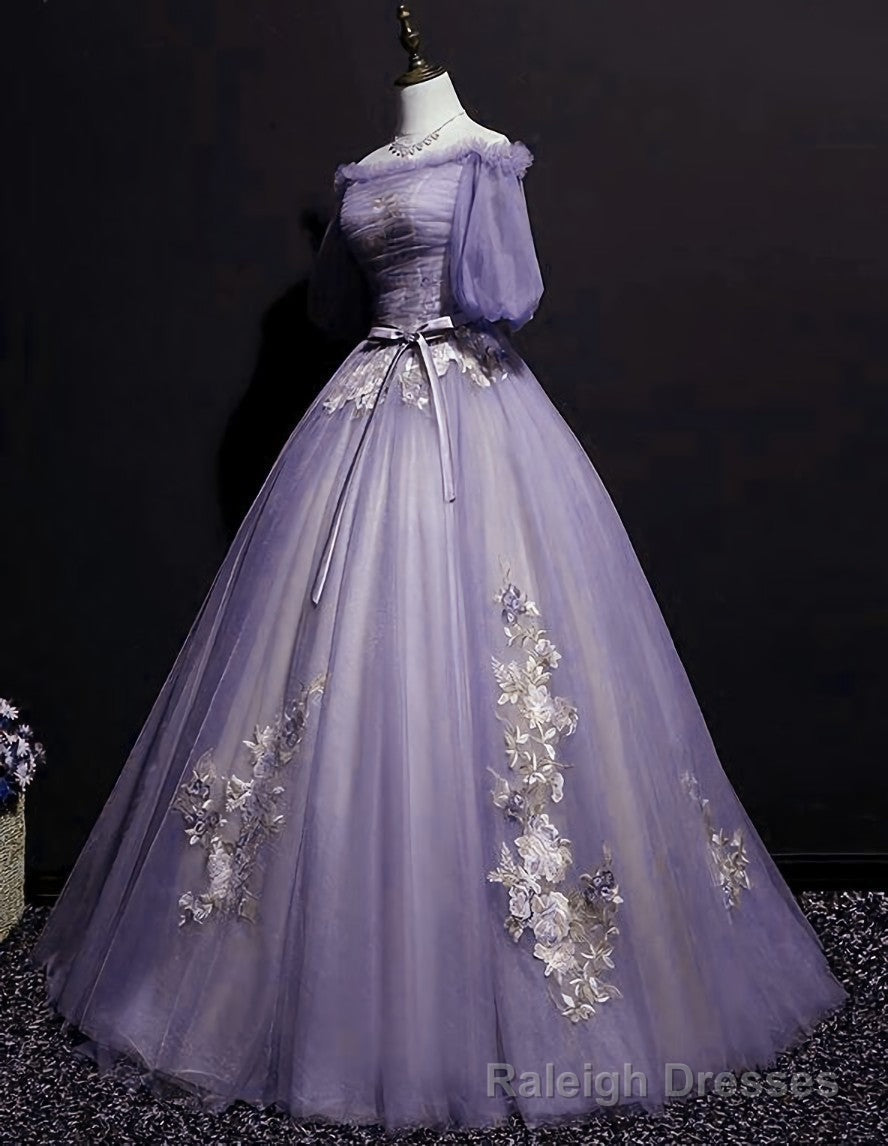 Charming Purple Short Sleeves Tulle Puffy Long Formal Dress, Lovely Prom Dress Secondary image