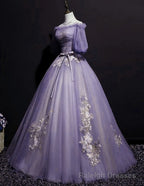 Charming Purple Short Sleeves Tulle Puffy Long Formal Dress, Lovely Prom Dress