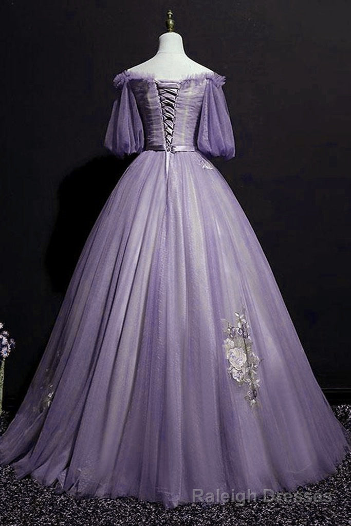 Charming Purple Short Sleeves Tulle Puffy Long Formal Dress, Lovely Prom Dress Main image
