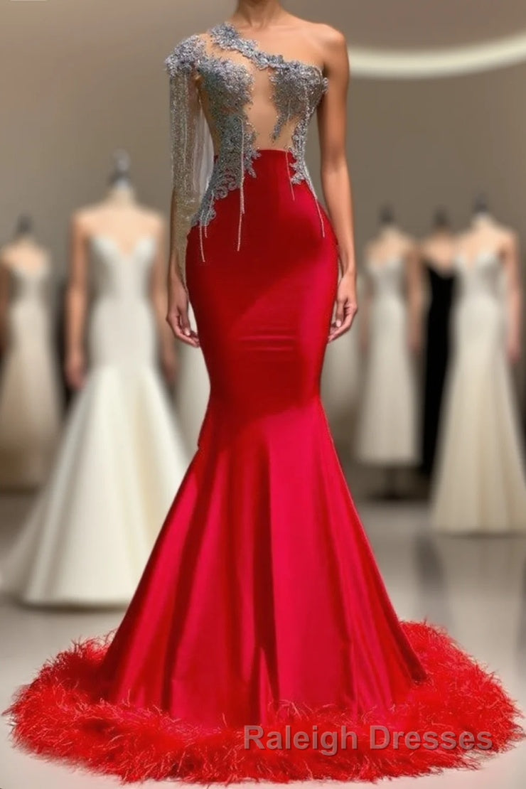 Charming Red Long Mermaid Tassel One Shoulder Satin Backless Prom Dress