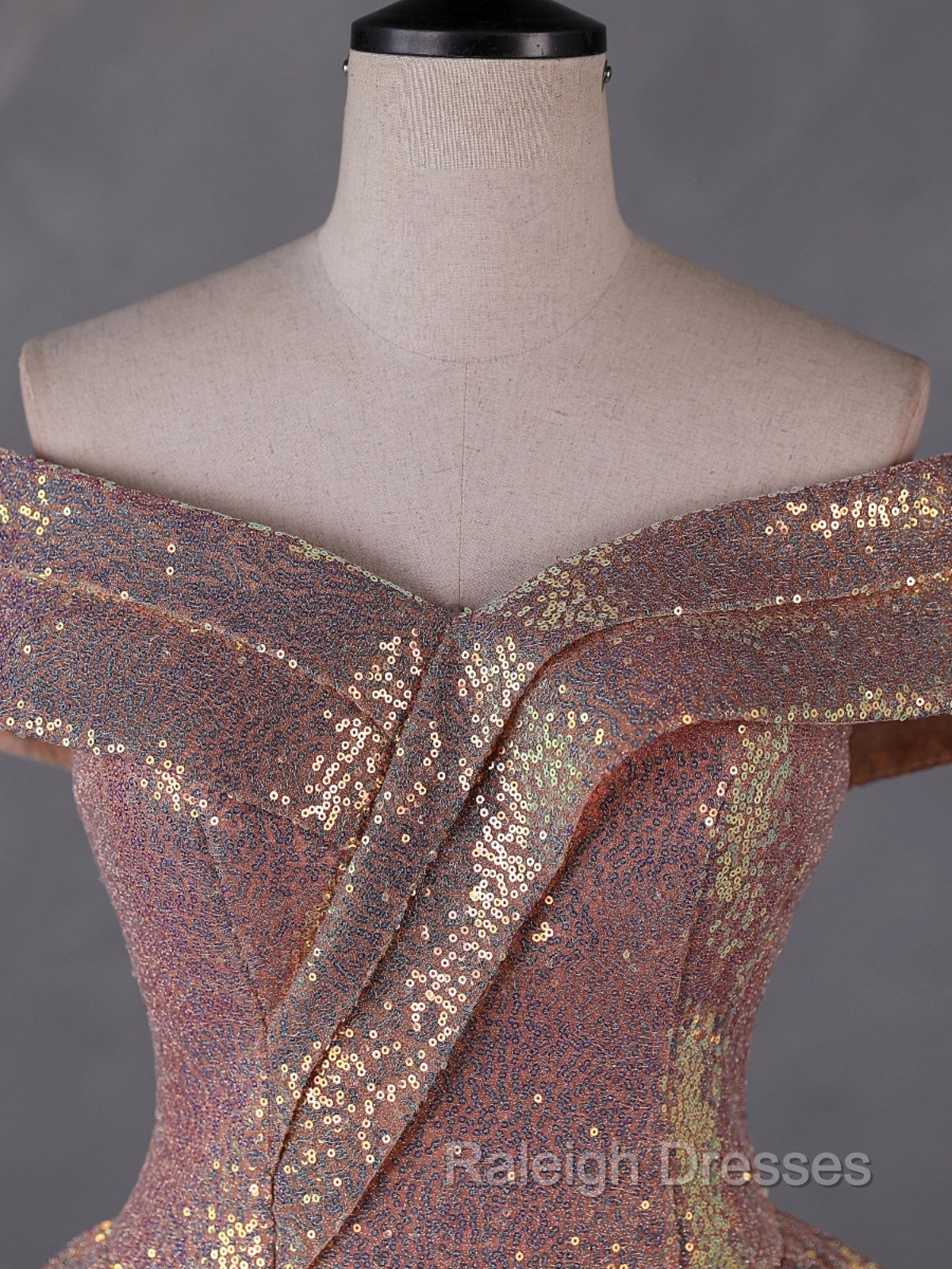 Charming Rose Gold Sequins Long Party Dress, Off Shoulder Sequins Prom Dress