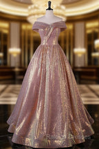 Charming Rose Gold Sequins Long Party Dress, Off Shoulder Sequins Prom Dress