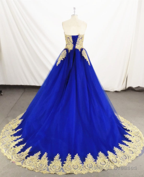 Charming Royal Blue Tulle Party Dress With Gold Lace Applique, Prom Dress Secondary image