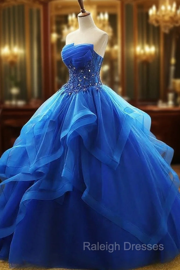 Charming Royal Blue Tulle Prom Gowns , Sweet Prom Dress