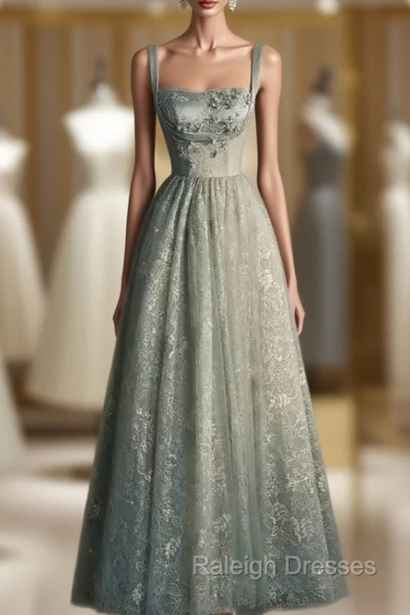 Charming Sage Green Long Tulle Lace Prom Dress A Line Party Evening Dress Main image