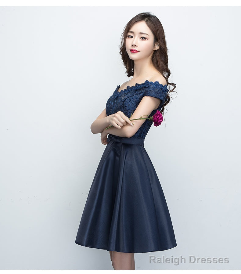 Charming Satin Navy Blue Homecoming Dress , Short Formal Dress