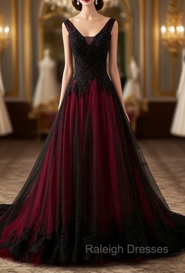 Charming Sleeveless Black and Red Lace Appliques Beaded Prom Dress, Low Back Prom Dress Secondary image