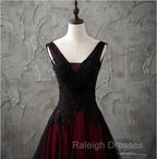 Charming Sleeveless Black and Red Lace Appliques Beaded Prom Dress, Low Back Prom Dress