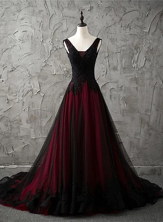 Charming Sleeveless Black And Red Lace Appliques Beaded Prom Dresses Low Back Prom Dresses Main image