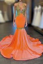 Charming Sleeveless Halter Backless Mermaid Prom Dresses With Gold Beading