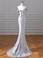 Charming Sliver Mermaid Prom Dress, Sliver Off Shoulder Long Prom Dress With Leg Slit