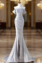 Charming Sliver Mermaid Prom Dress, Sliver Off Shoulder Long Prom Dress With Leg Slit