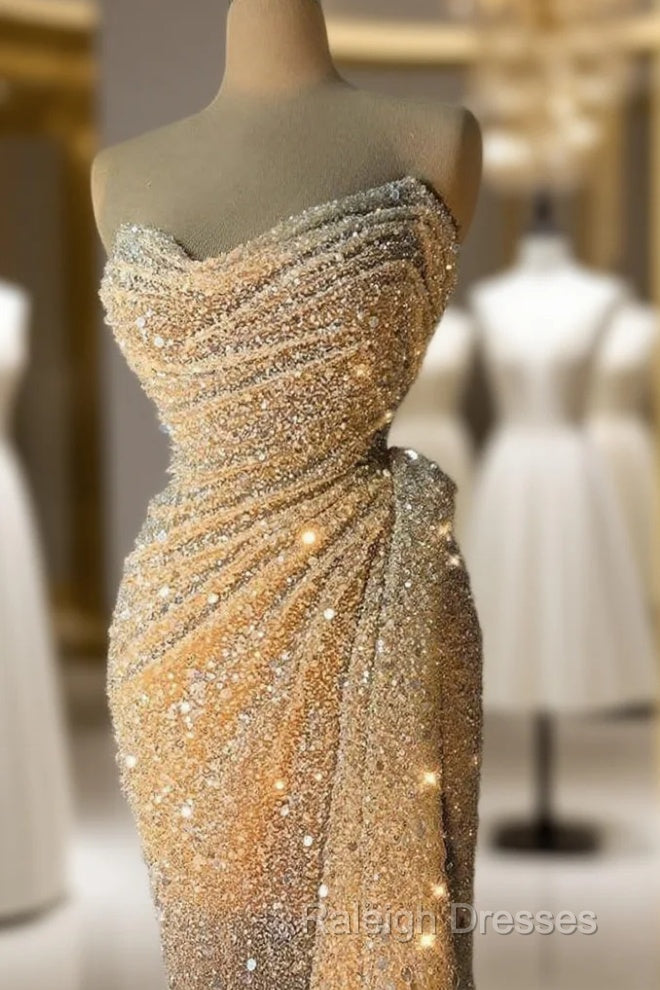Charming Strapless V-Neck Crystal Sequins Draped Mermaid Prom Dress Main image