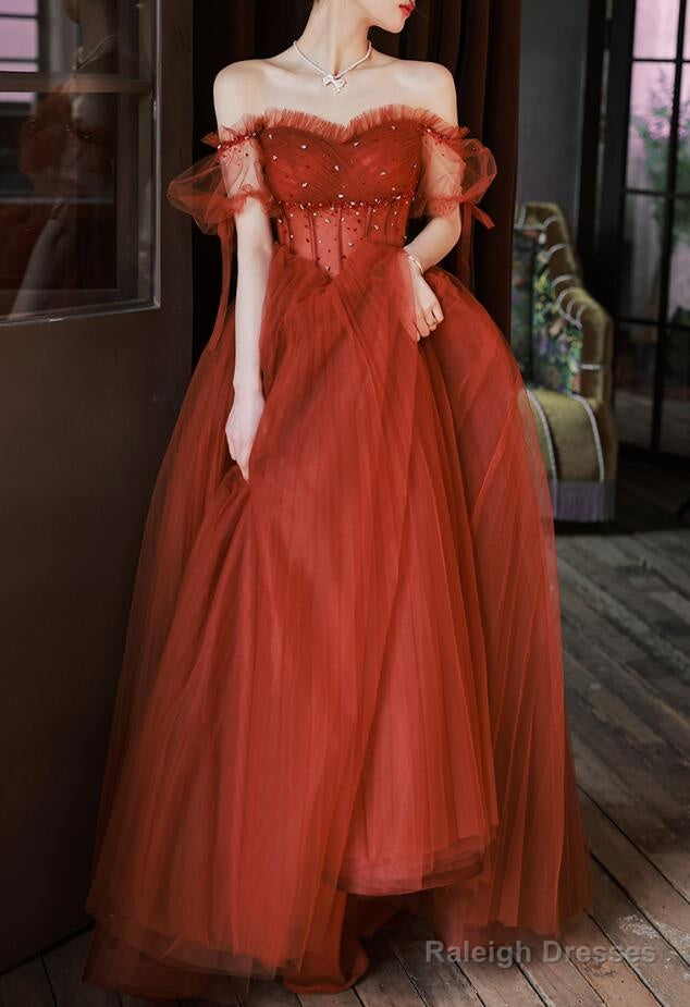 Charming Sweetheart Beaded Off Shoulder Long Party Dresses, Tulle Evening Gown Secondary image