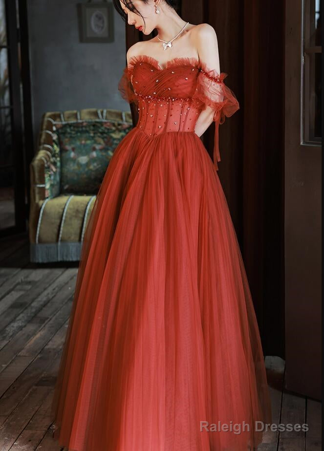 Charming Sweetheart Beaded Off Shoulder Long Party Dresses, Tulle Evening Gown Main image