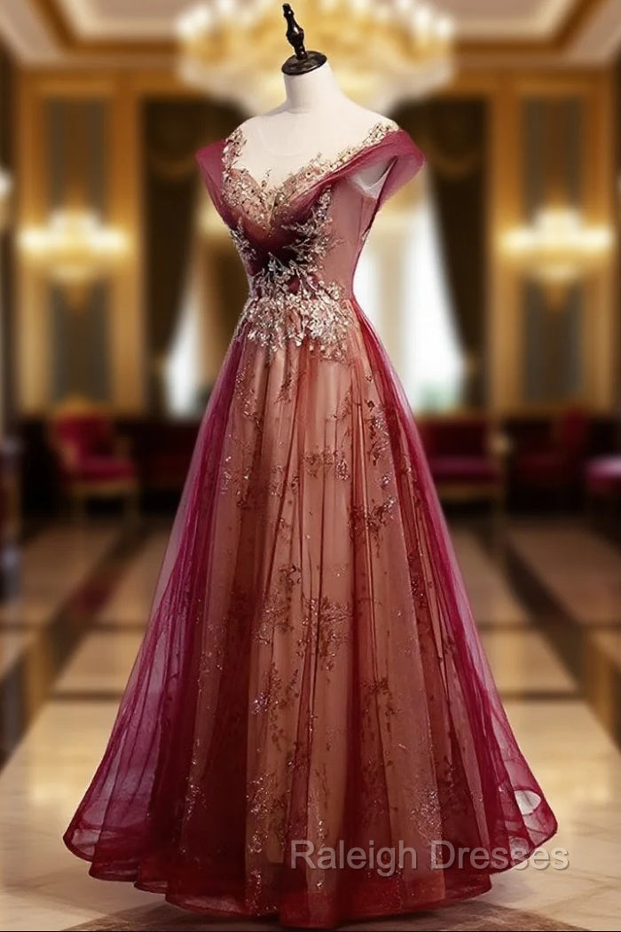 Charming Tulle Cap Sleeves Long New Prom Gown Prom Dresses Main image