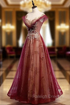 Charming Tulle Cap Sleeves Long New Prom Gown Prom Dresses