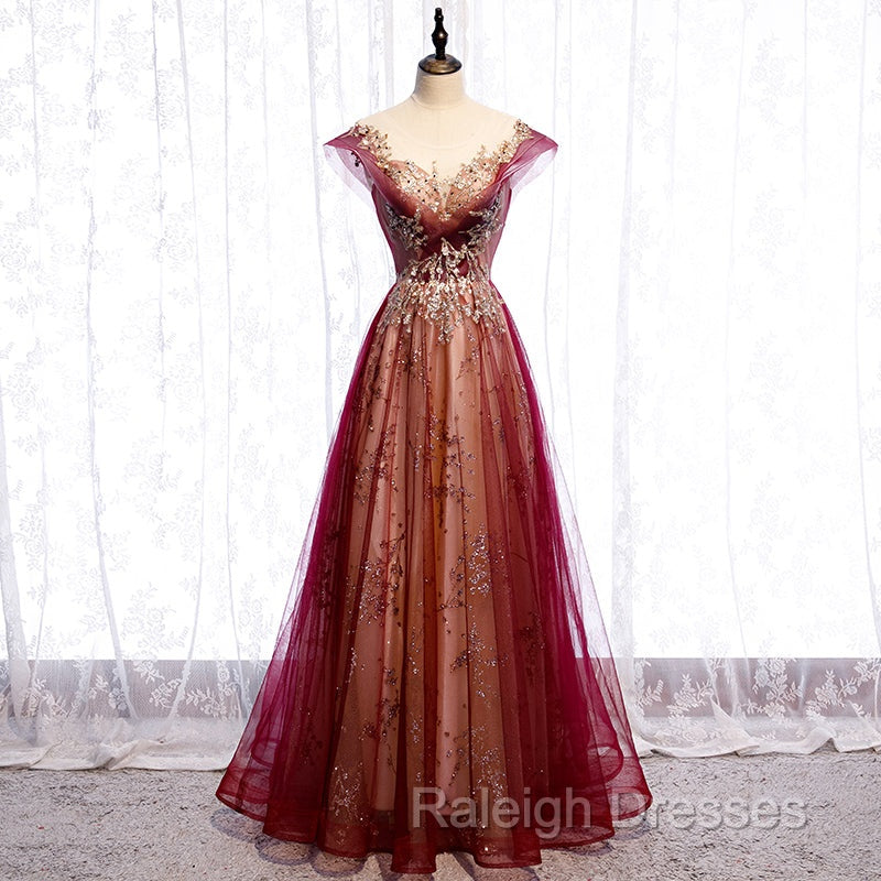 Charming Tulle Cap Sleeves Long New Party Gown, Prom Dress