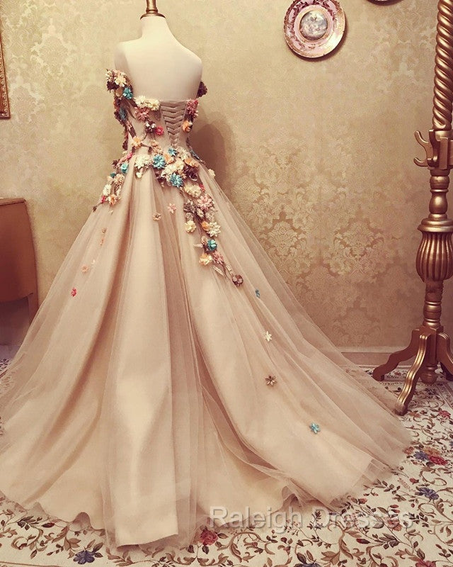 Charming Tulle Evening Dress 3D Flowers Embroidery Prom Gowns