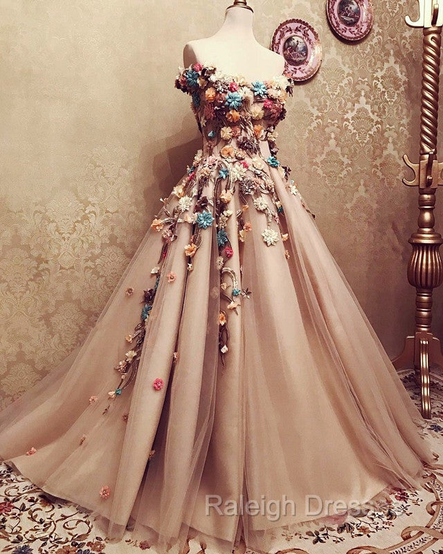 Charming Tulle Evening Dress 3D Flowers Embroidery Prom Gowns