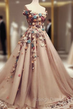 Charming Tulle Evening Dress 3D Flowers Embroidery Prom Gowns