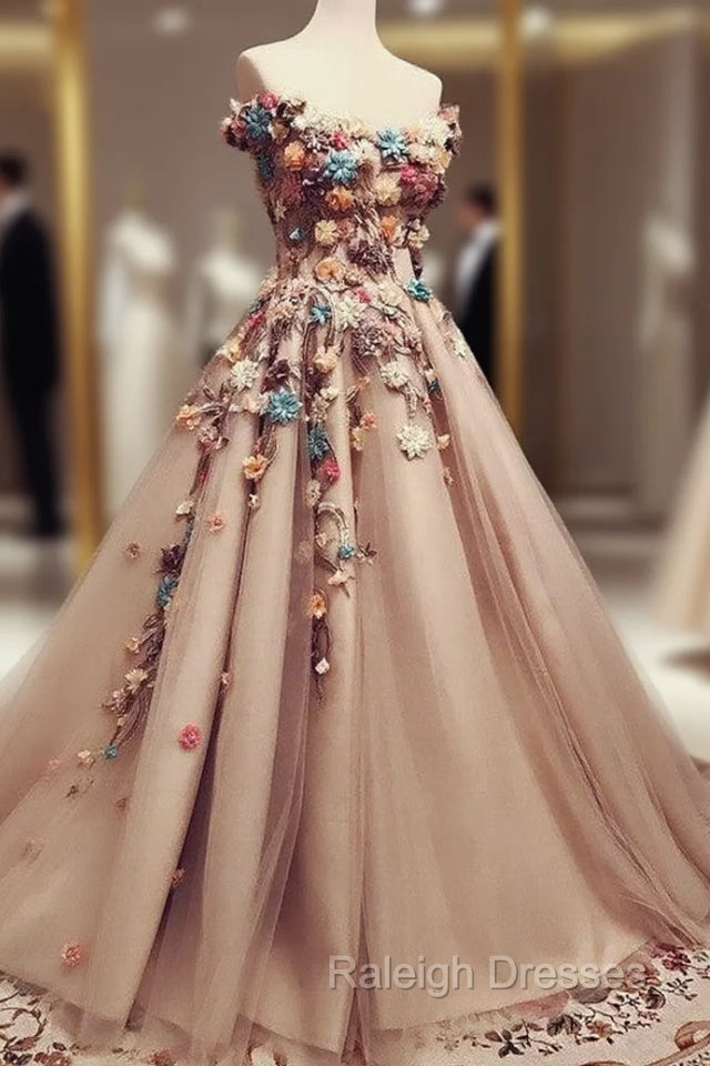 Charming Tulle Evening Dress 3D Flowers Embroidery Prom Gowns