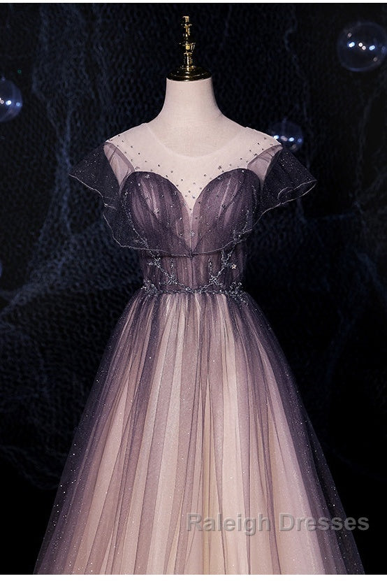 Charming Tulle Gradient Cap Sleeves Long Party Dress, A-Line Evening Gown Secondary image