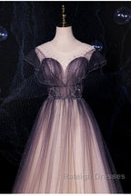 Charming Tulle Gradient Cap Sleeves Long Party Dress, A-Line Evening Gown